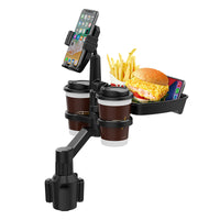 Multifunctional Car Cup and Mobile Phone Holder with Food Tray and Adjustable Base Clamp