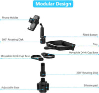 Multifunctional Car Cup and Mobile Phone Holder with Food Tray and Adjustable Base Clamp